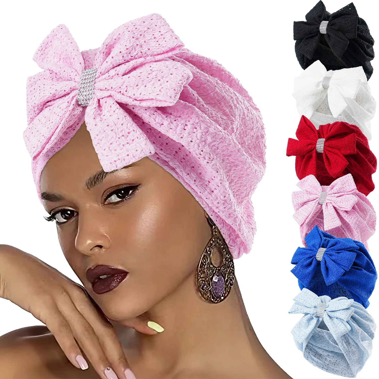 Summer Women\'s Fashion Bows Hat Bonnet Solid Color Hollow Breathable Mesh Sheer Hat Girl Knotted Turban Head Wraps Beanie Cap