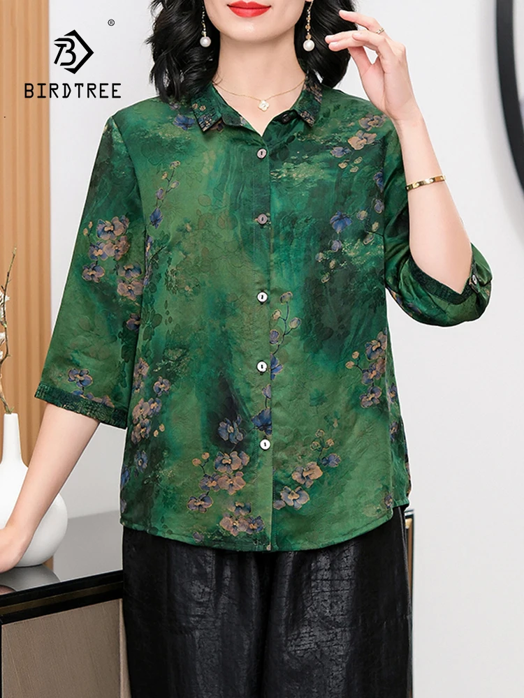 

BirdTree, 100%Real Silk XiangYunSha Shirts, Women Lapel Flower Printed, Oversize Mom Retro Commute Blouse, 2024 Summer T44481QC