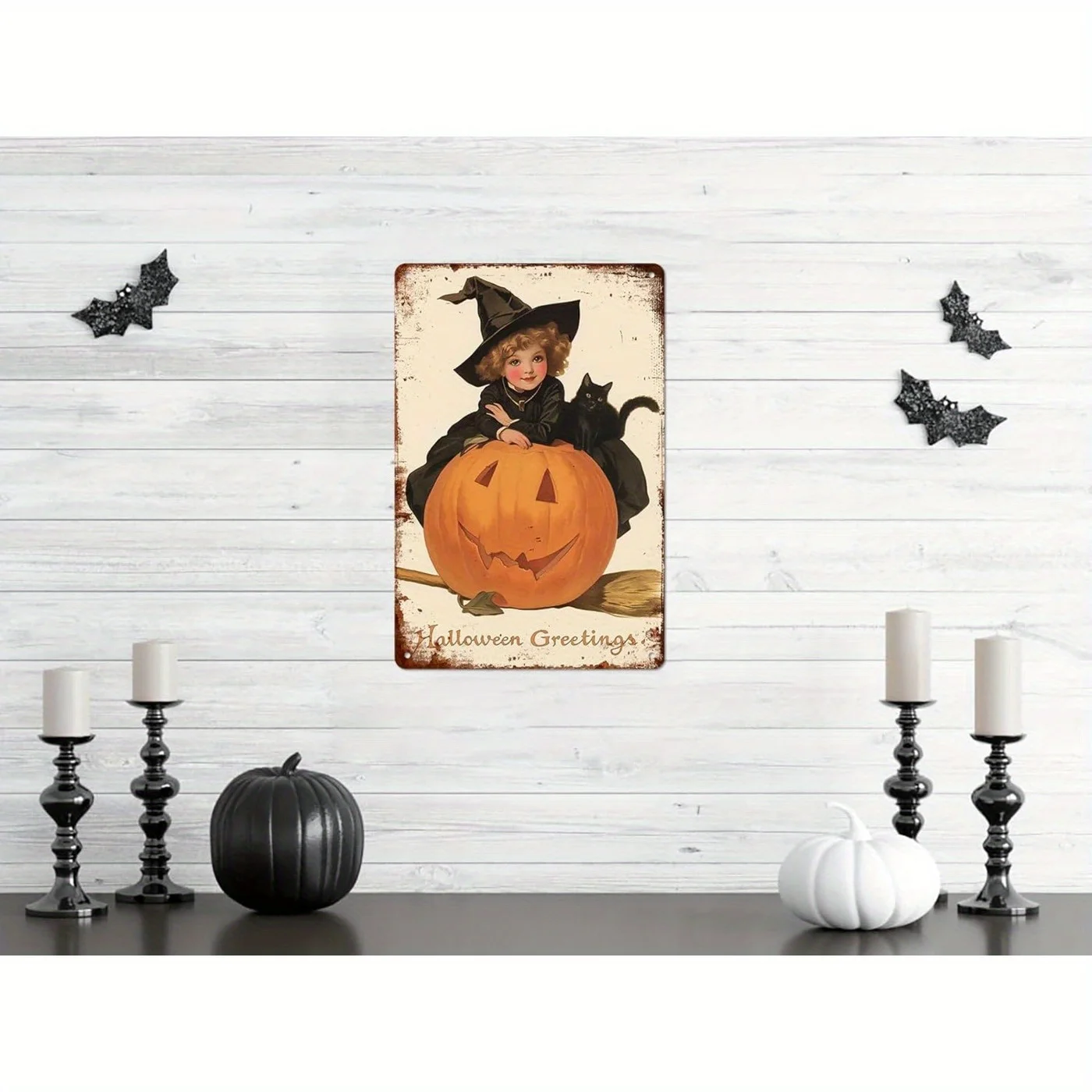 لافتة معدنية كلاسيكية للساحرة والقطط للهالوين، محفورة مسبقًا لسهولة التركيب، مثالية للمنزل والمزرعة