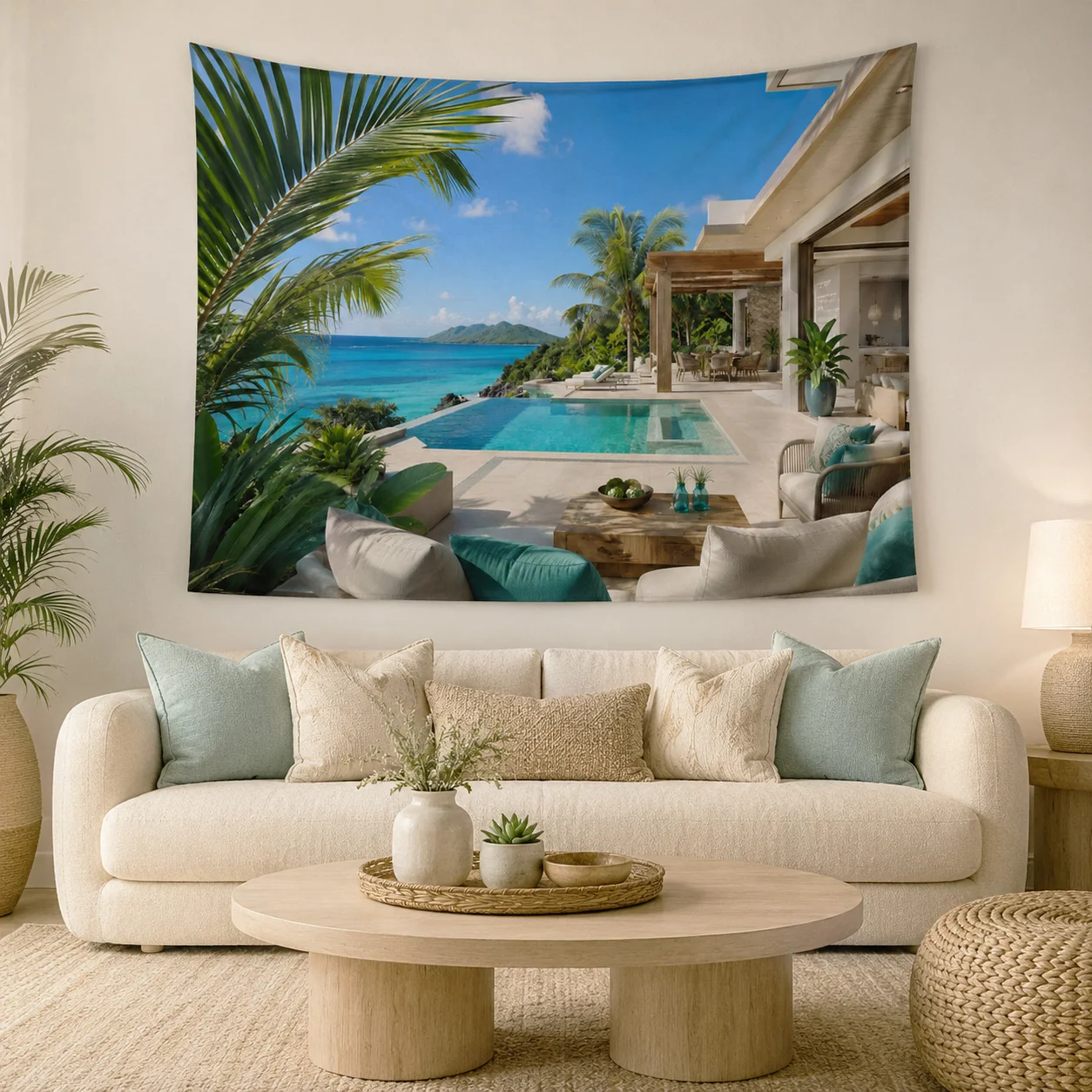 Tropical Palm Tree Villa Sea View Tapestry, Infinity Pool Coastal Landscape Wall Hanging, Boho Aesthetic Bedroom Wall Decor
