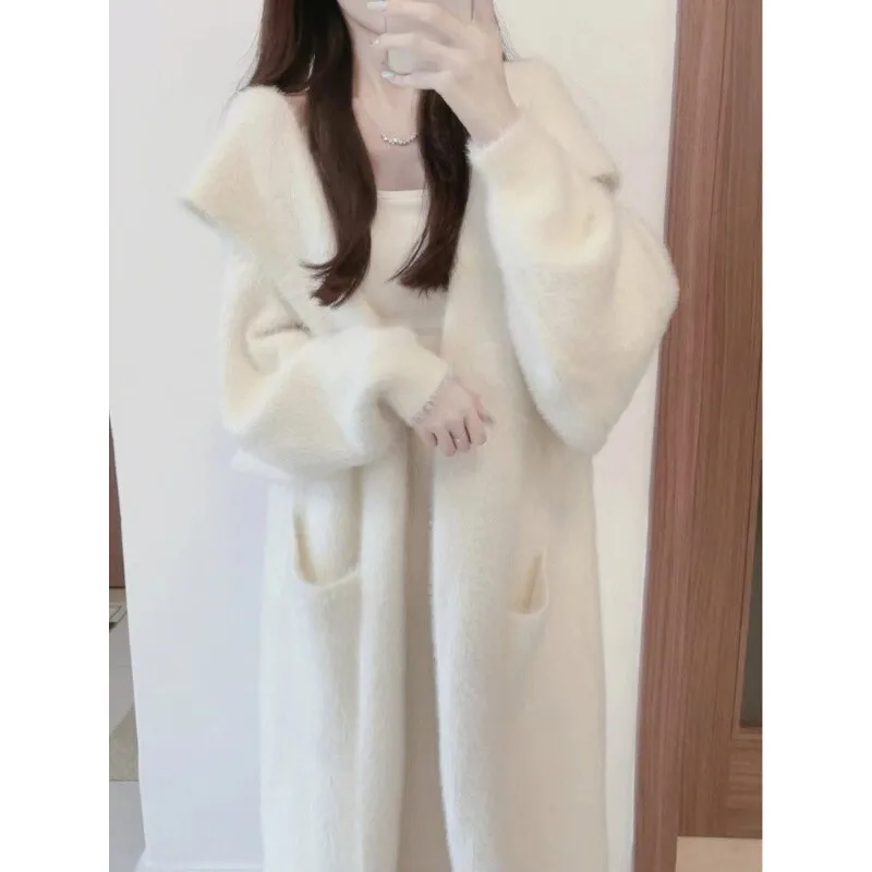 

Hooded Coat, Mink Fur Sweater, Cardigan, Women's Autumn And Winter Lazy Style, Mid Length Over Knee Mohair Knit Sweater Jacket