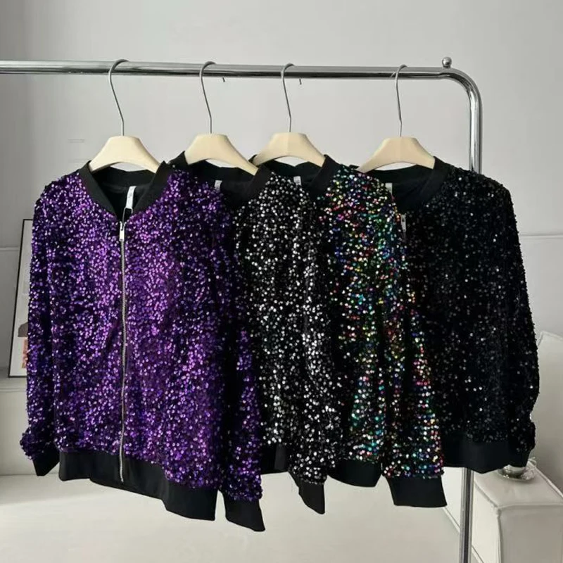 Damen Schwarze Pailletten-Bomberjacke Funkelnde Strass-Kurzjacke Glitzer-Blazer für Party Ausgehen Schicke Clubwear-Jacke Oberteile – Detail 12