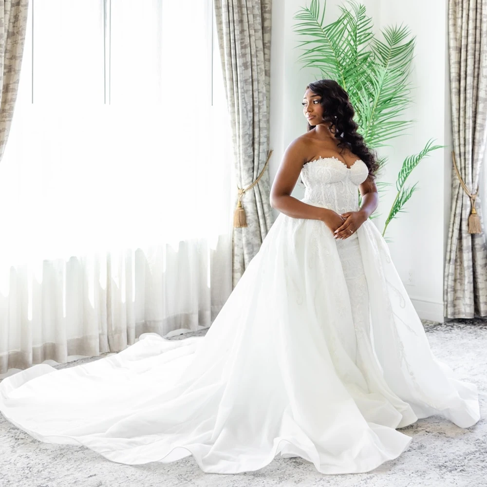 

Luxury Long Mermaid Wedding Dresses For Black Girl Sleeveless Beaded Applique Bridal Gowns Customized 2 In 1 detachable Train