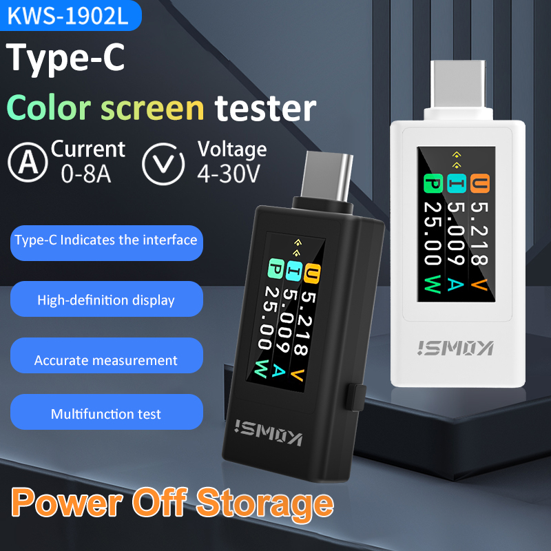 KWS-1902L NEW Type-C Current Voltage Monitor 4-30V 0-8A Color Display Type-C Tester Amp Volt Ammeter Detector Power Off Storage