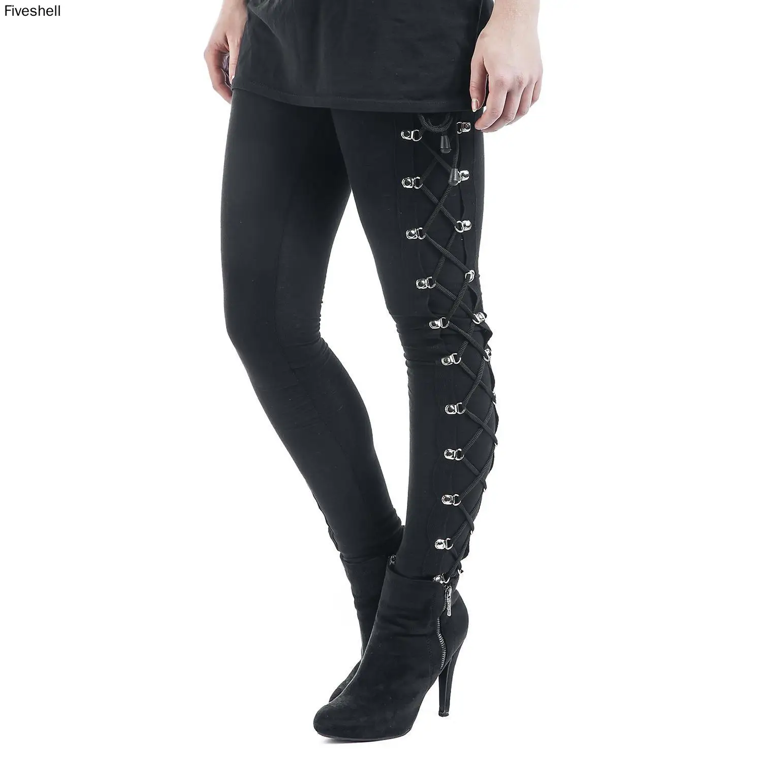 Women\'s Sexy Black Side Lacing Solid Pants Long Bodycon High Waist Bandage Slim Lace Up Leggings Steampunk Rock Wear Goth Wear