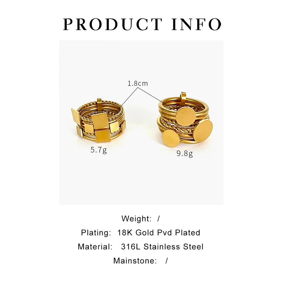 Peri\'sBox Detachable 6pcs Gold Plated Geometric Round Square Finger Rings for Women Men Unique Stainless Steel Stackable Jewelry