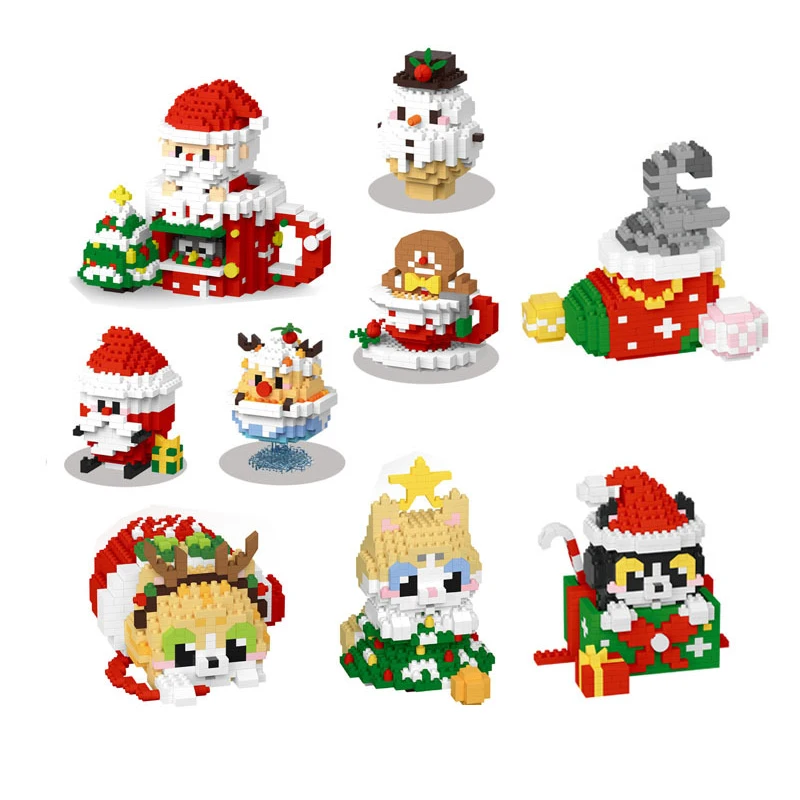 Kawaii Merry Christmas Cats Model Building Blocks Funny Santa Claus Pen Container Assembled Mini Micro Bricks Cats Toys For Gift