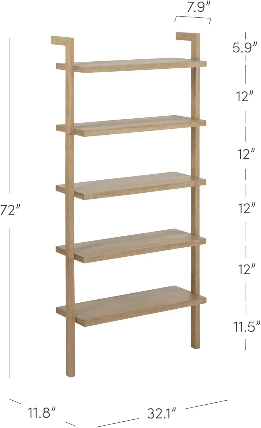 Nathan James Beacon 5 Tier Bookshelf, Wall Mounted Bookcase, Solid Wood Bookshelf in Wire Brushed Finish, Boho Rustic Bookcase