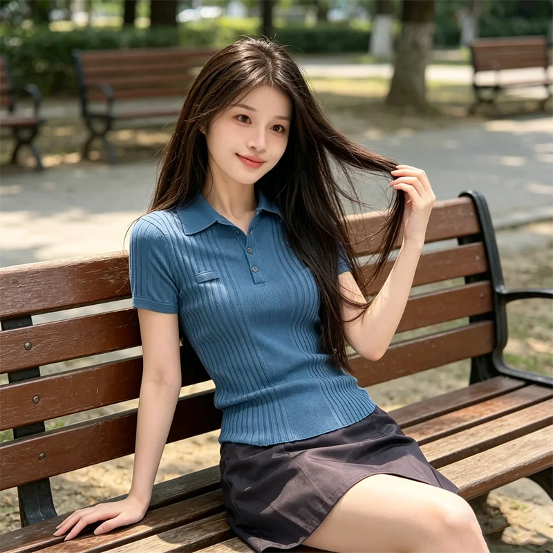 Women's Elegant Blue Ribbed Knit Polo Shirt Short Sleeve Slim Fit Casual Professional Women's Top