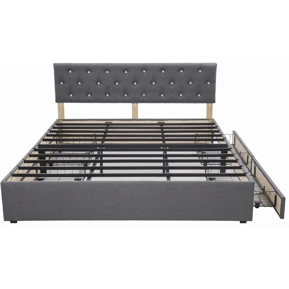 إطار سرير رمادي من قماش الكتان الحديث مقاس 72 × 80 مع لوح رأسي كريستالي، إطار سرير بمنصة منجدة مع 4 سحب تخزين