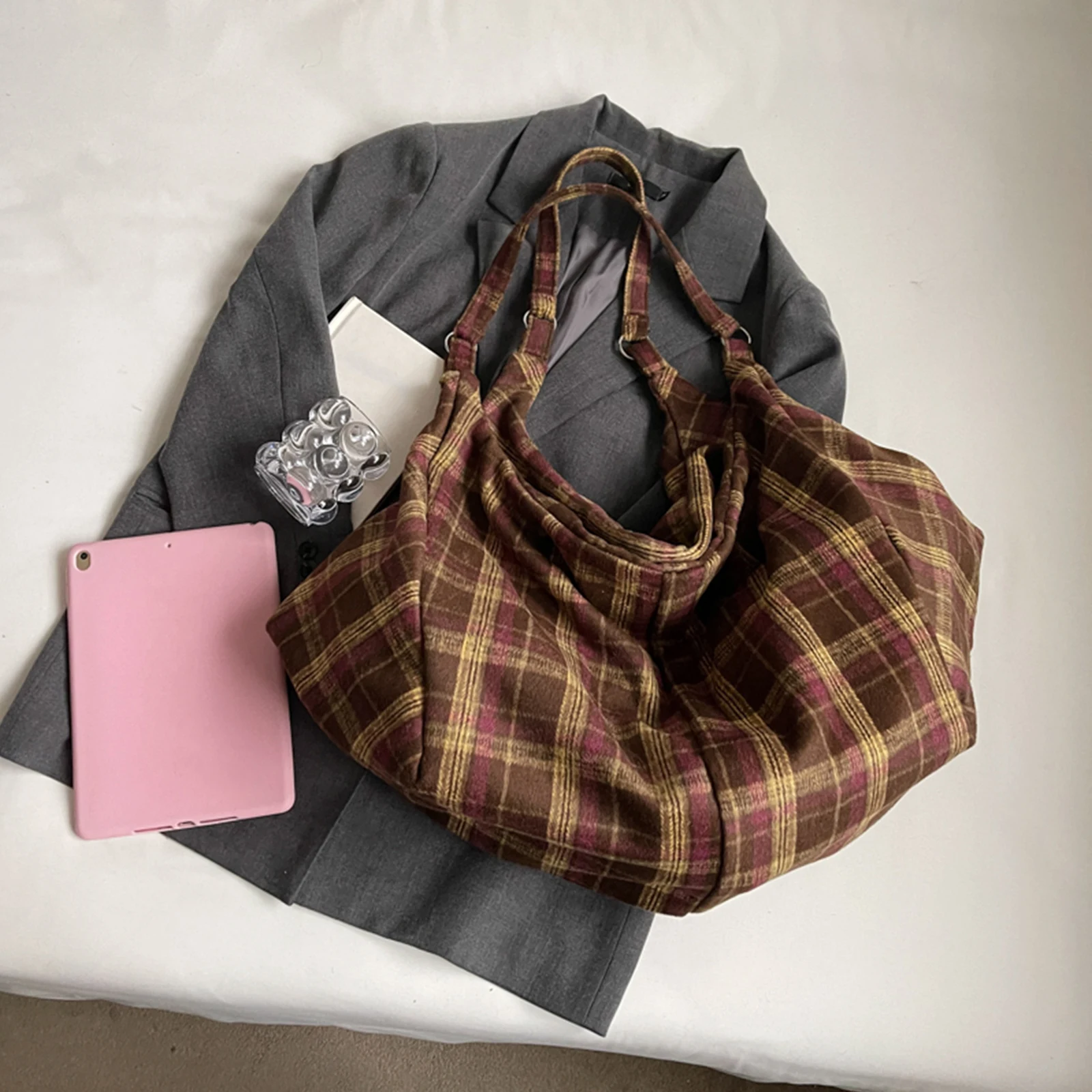 Damen-Schultertasche aus Segeltuch mit Karomuster, verstellbarer Riemen, Unterarmtasche, vielseitige Unterarmtasche für Arbeit und Reisen – Detail 5
