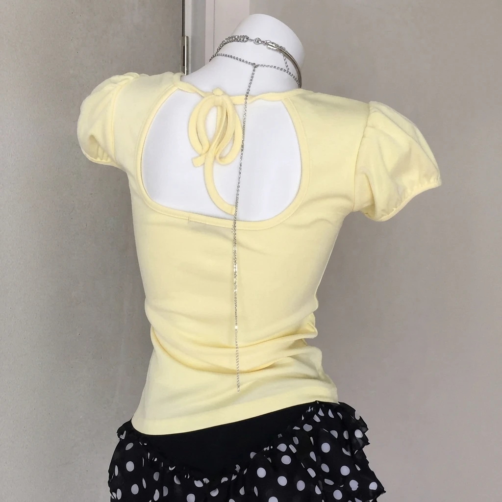 Women's Y2K Puff Sleeve Graphic Tee Backless Tie Top Slim Fit Heart Print Cute Coquette T-Shirt Summer Casual Streetwear