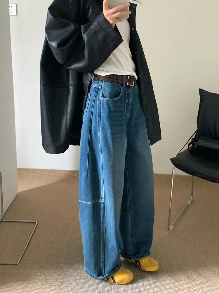 

Плиссированные широкие джинсы с подкладкой Fce, женские зимние винтажные джинсы с леопардовым принтом и высокой талией, американские повседневные синие джинсы