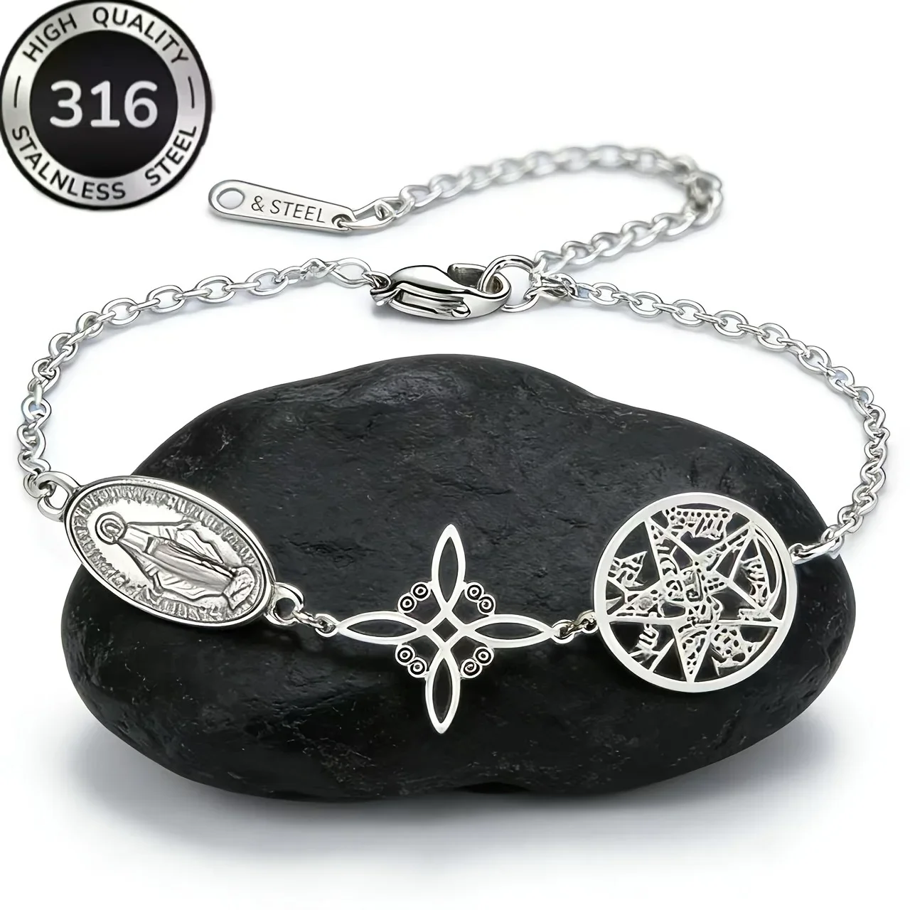 Pulsera Triple Protection Bracelet Silver Color Virgin Mary Witch Knot Pentagram Tetragrammaton Stainless Steel Wrist Jewerly