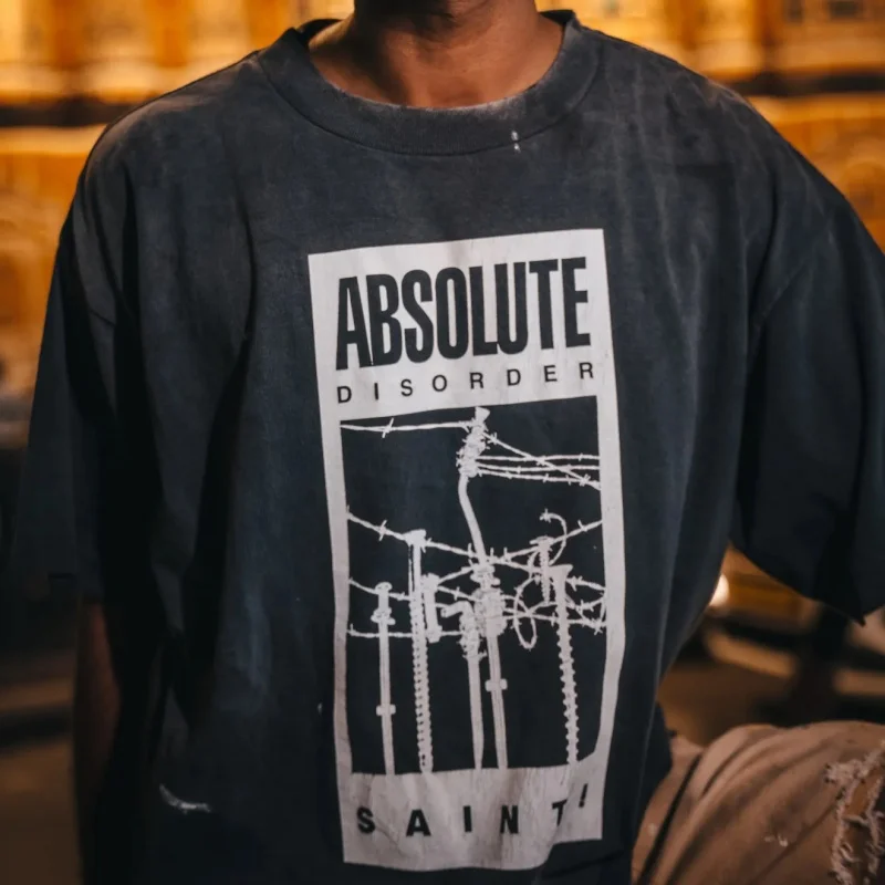 Vintage Charcoal Black ABSOLUTE DISORDER Washed Print Design Streetwear Men's & Women's T-Shirt