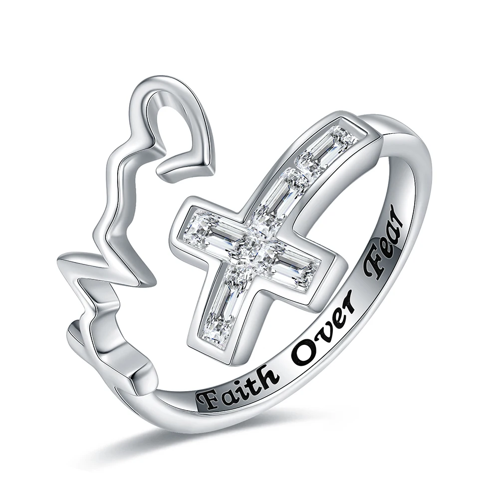 

925 Sterling Silver Cross Ring Heart Open Adjustable Christian Faith Hope Love Inspirational Jewelry Gift For Women Teen Girls