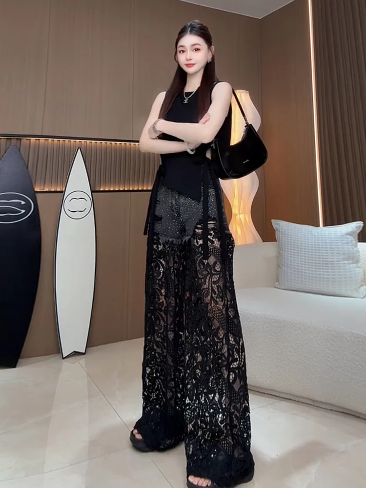 

Женские джинсы с высокой талией, прямые, широкие, с кружевными вставками, свободные, длинные, летние, повседневные, с яркими пайетками