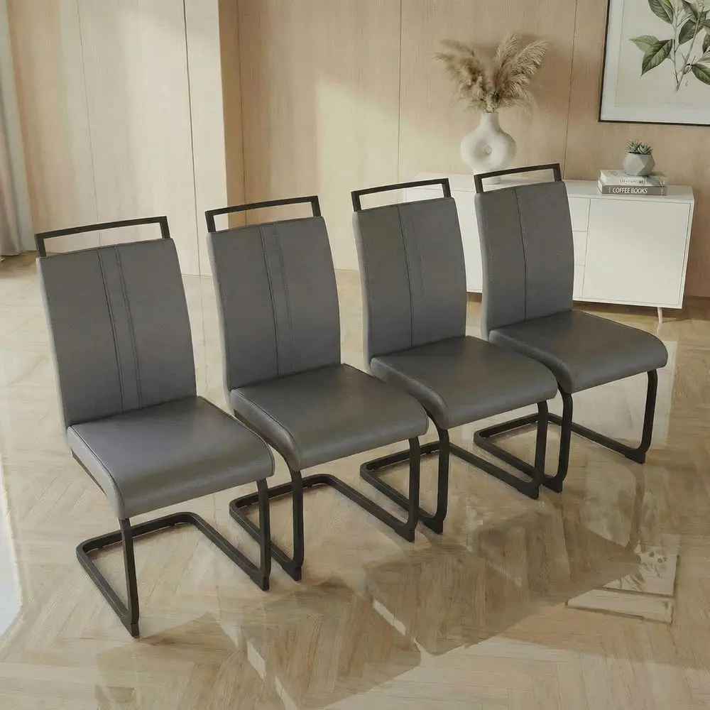 

4 Grey PU Leather Dining Chairs with Cushioned Seats and Metal Legs for Home, Office, and Conference Rooms