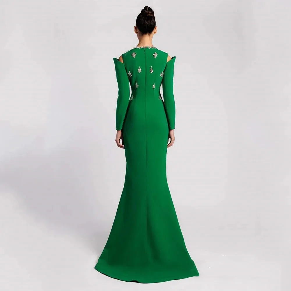 Emerald Green Mermaid Evening Dress Crew Neck Long Sleeves Crystals Stone Sweep Train Front Slit Saudi Prom Gown Party SY-007