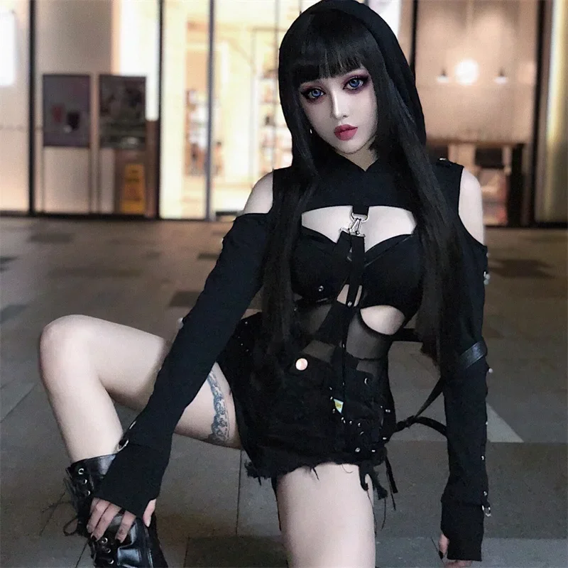 Black Gothic Crop Top Women Hoodies Punk Sweatshirt Off Shoulder Lace Up Hooded Pullover Cat Ear Short Style Female Jacket Coat