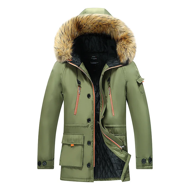 Large Winter Plus Mid Length Casual Men\'s Thickened Cotton Coat With Fur Hat