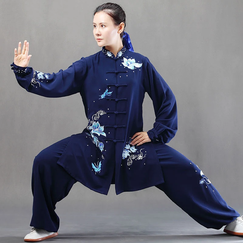 Custom Navy Blue Fire Lotus Tai Chi Suit, Double Silk Linen Winter Practice Wear for Unisex Premium Brand
