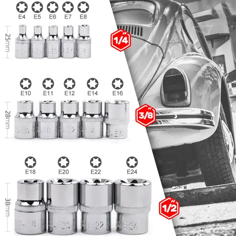 14-Piece 3/8-inch 1/2 Inch, 1/4 Inch, E-Torx Star Socket Set - E4, E5, E6, E7, E8, E10, E11, E12, E14, E16, E18, E20, E22, E24