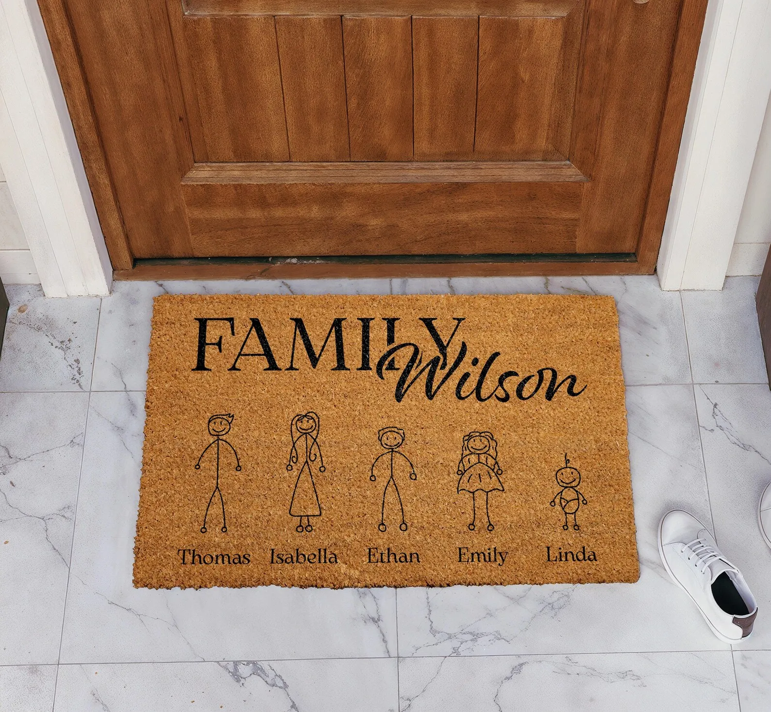 Personalized Family Stick Portrait Name Coir Doormat Custom Natural Fiber Welcome Porch Door Mat Perfect Housewarming Gifts