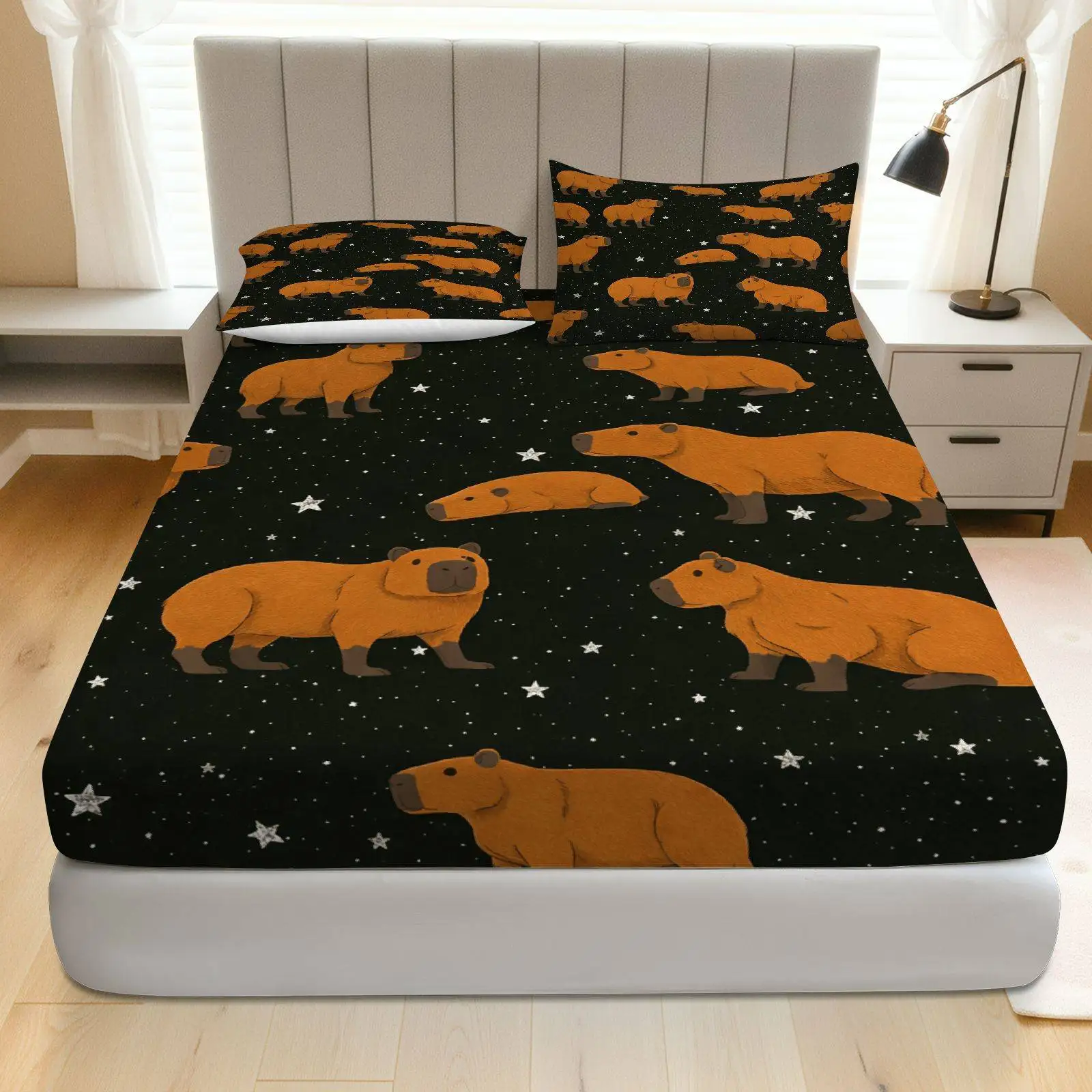 3-Piece Mattress Protector Set, 2D Flat Printed Fitted Sheet, Capybara Starry Sky Animal Fitted Sheet Set, Home Bedroom Decoration, Holiday-Themed Fitted Sheet and Pillowcase, Mattress Protector, Stain-Resistant, Mattress Cover, Suitable for All Seasons, Machine Washable, Easy to Care For, Universal for Home Bedrooms, Essential for Dorms and Rentals, Master Bedroom and Guest Room Decoration, Dust-Proof and Stain-Resistant, High Elasticity, Fits Various Sizes