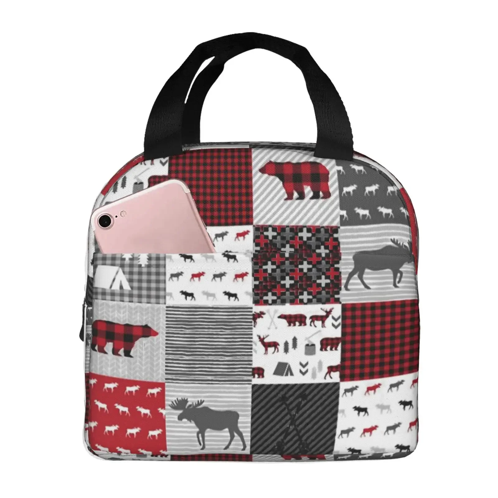 Bear Deer Checkered Pattern Lunch Bag For Girls Funny Lunch Box Fun Picnic Cooler Bag Portable Zipper Oxford Thermal Lunch Bags