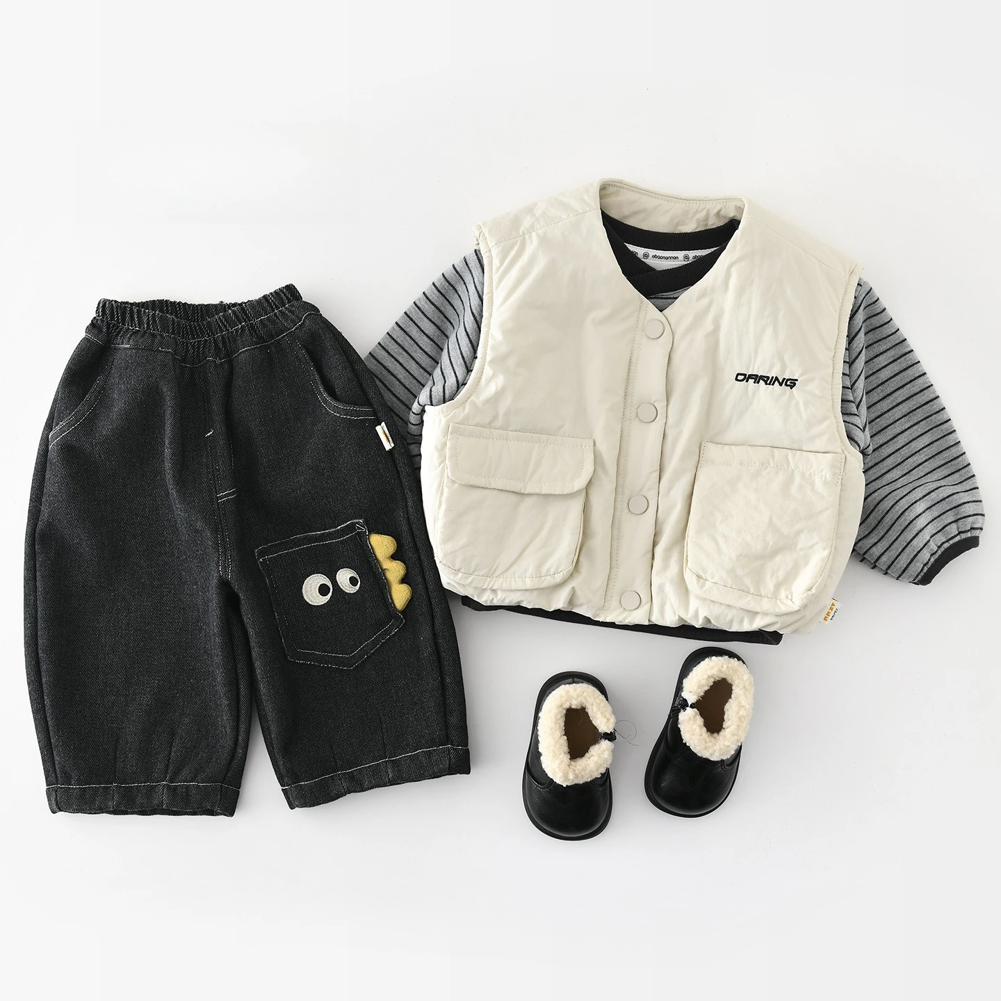 Cotton Baby Vest Thicken Autumn Boys and Girls Quilted Outerwear Vest and Strip Long Sleeve T-shirt