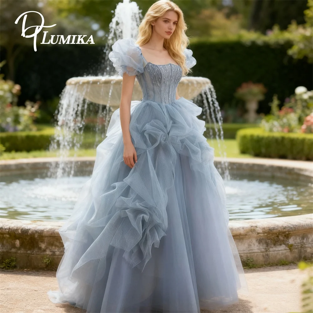 

DTLumika Dusty Blue Ruched Quinceanera Dress 2025 New Puff Sleeves A Line Mesh Sweet 15 Dresses Party Gowns Customized Size