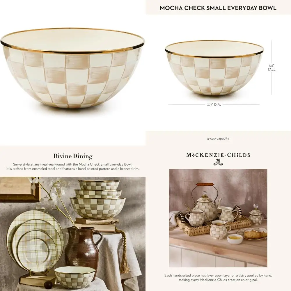 

Enamel Everyday Serving Bowl, Entertaining Essential, Small Size, Brown and White Mocha Checkered Pattern, Perfect for Casual Di