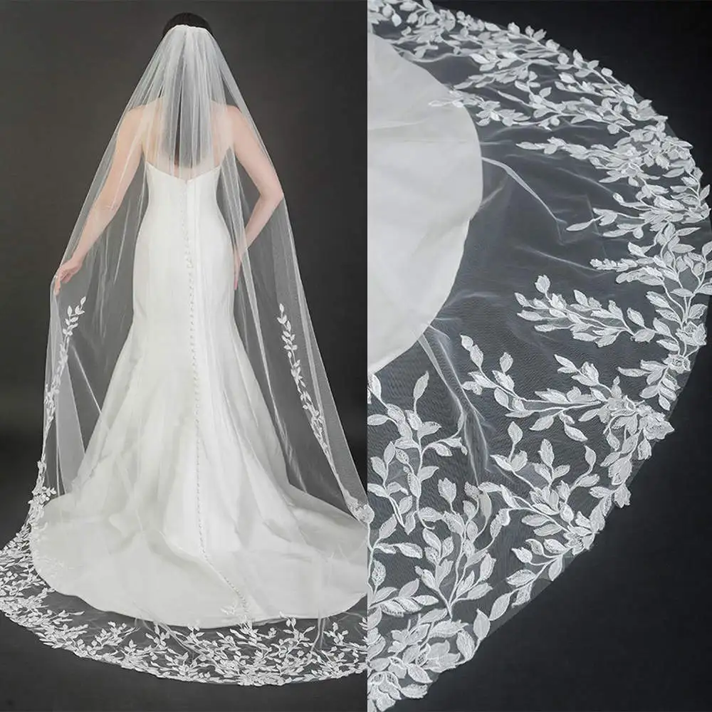 

Unique Bridal Veil White Ivory Wedding Veils With Lace Edge Applique Elegant Chapel Length Wedding Accessories Customized