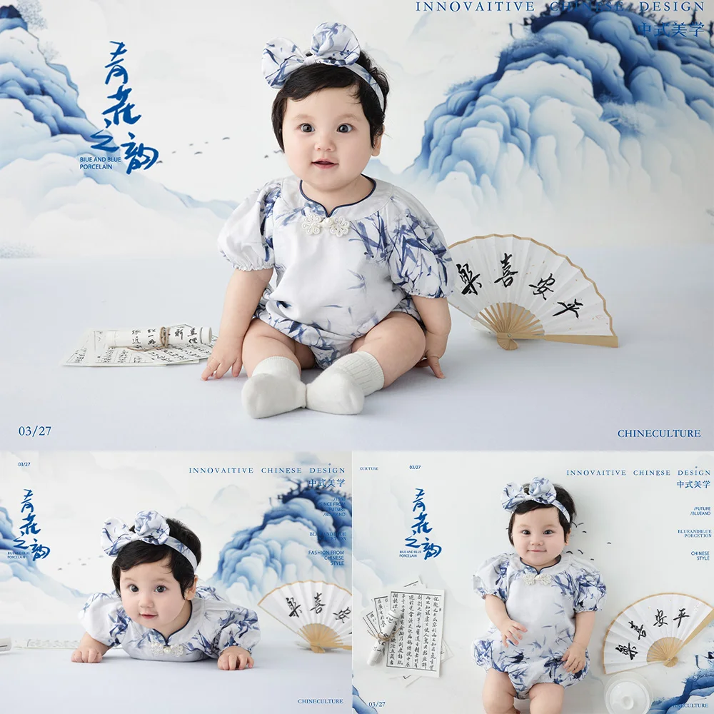 

100 Days Baby Girl Photoshoot Outfits Jumpsuit Headdress Studio Chinese Blue And White Porcelain Photography Theme Outfits Props