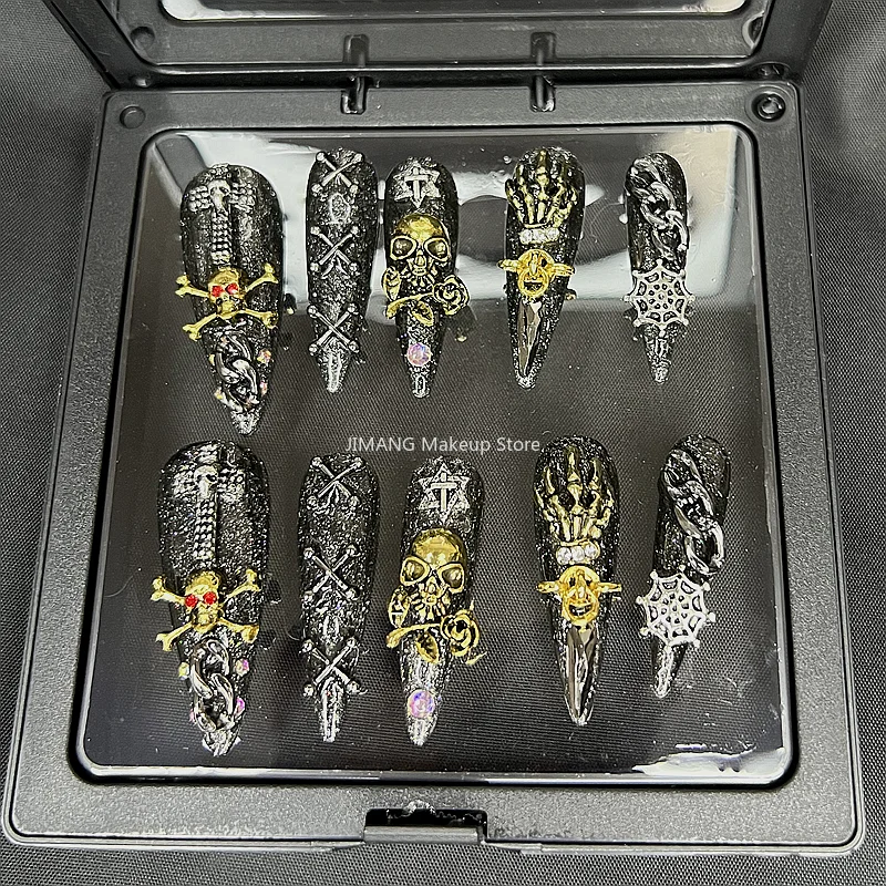 

Skull Punk Rock Press On Nails Y2K Halloween False Nails Tips Handmade Long Stiletto Coffin Reusable Acrylic Fake Nail With Glue