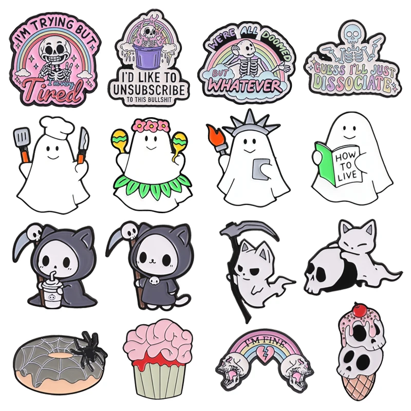 Halloween Theme Enamel Badge Grim Reaper Cat Cute Ghost Reading Spooky Food Goth Skeleton Pins Lapel Brooches Jewelry Gifts