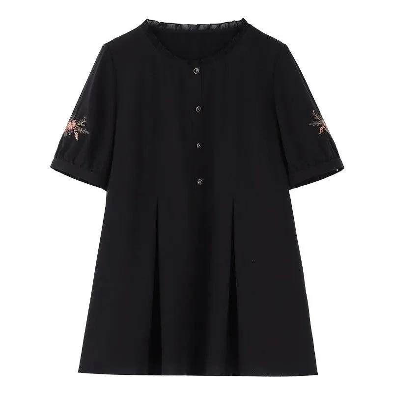 Women Shirt Fashion Loose Long T-shirt Women's Half Sleeves Spring and Summer Loose Cover Loose Women's Black Embroidered Top