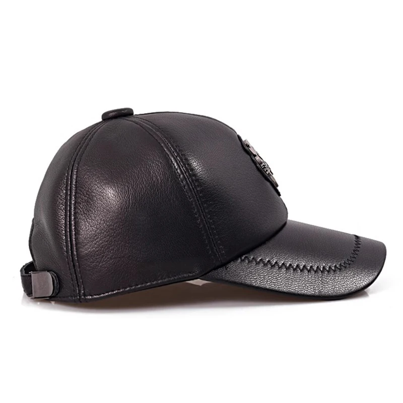 2023 New Men Spring Winter Genuine Leather Black Metal Standard Baseball Caps Male Outdoor Snapback Golf Hat Sports