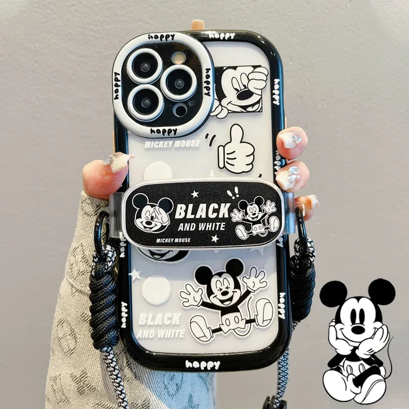 Disney Mickey Mouse Creative Cartoon Phone Case For IPhone 11 12 13 14 Pro Max Crossbody Lanyard Back Splint Protective Shell