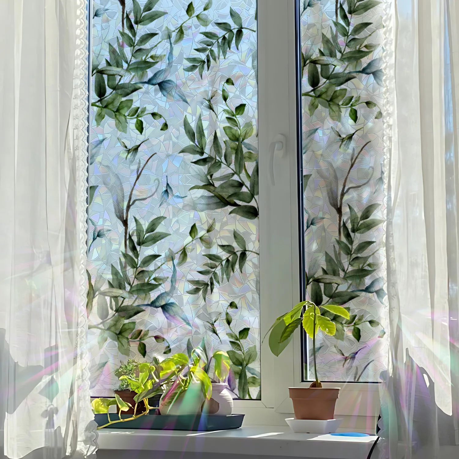 Watercolor Leaves Privacy Static Window Film Glass Traceless Static Adsorption Window Stickers for Bathroom Home Windows Decor