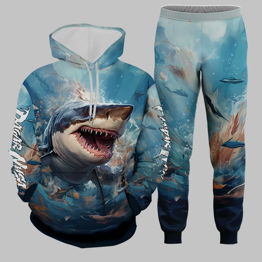 Ensemble à capuche pour hommes, pêche en plein air, imprimé en 3D, sweat à capuche + pantalon, ensemble deux pièces, surdimensionné, Cool, décontracté