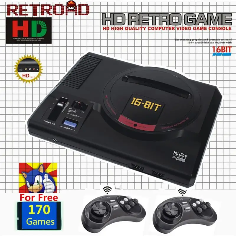 Top New Version 16Bit MD Genesis TV Game Console HD RCA Display Wireless Gamepads 170 Sega Classic Games 112/126 in 1