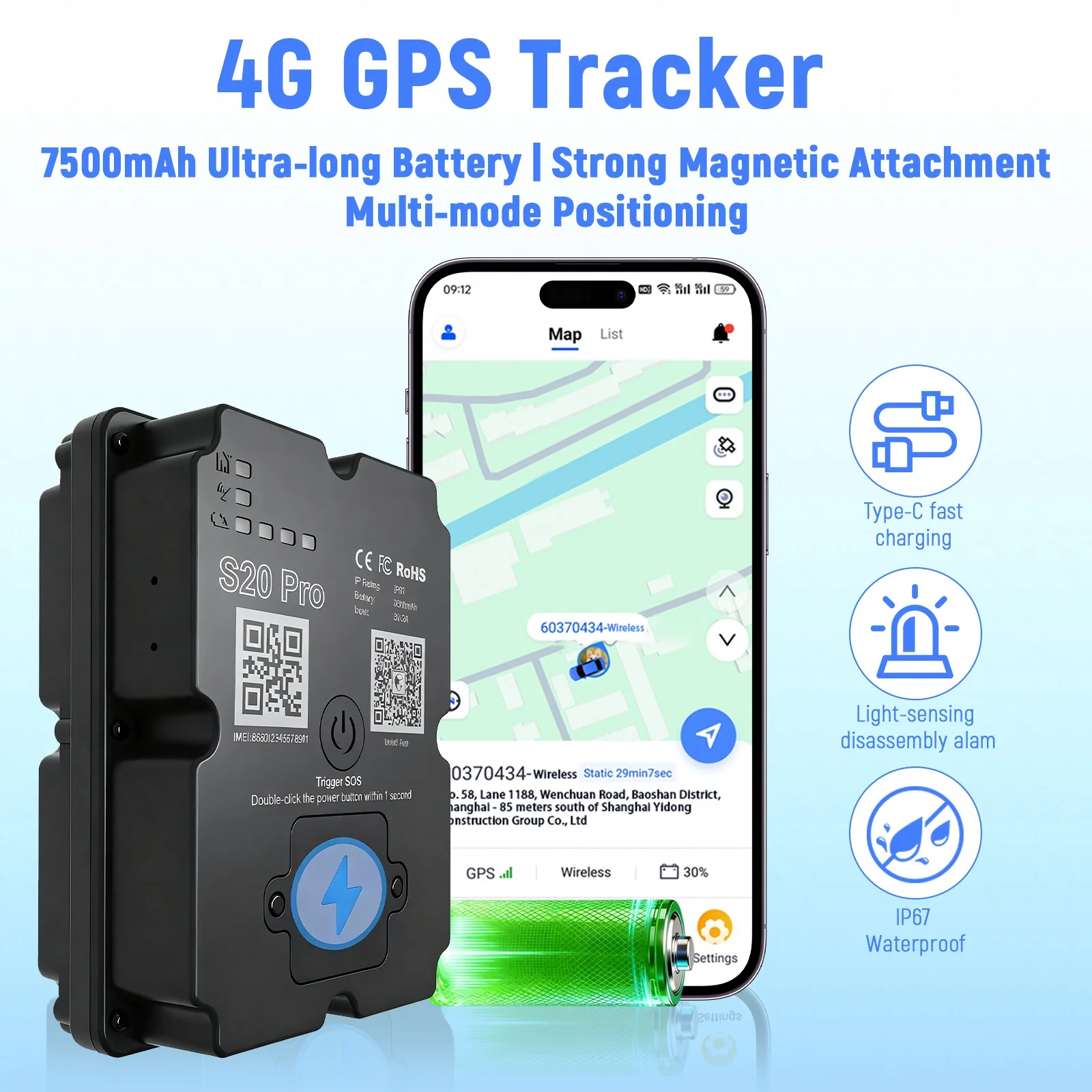 S20Pro 4G GPS Tracker for Car/Motorcycle - ‌Strong Magnetic Vehicle Locator with Paid APP Tracking/Security Protection