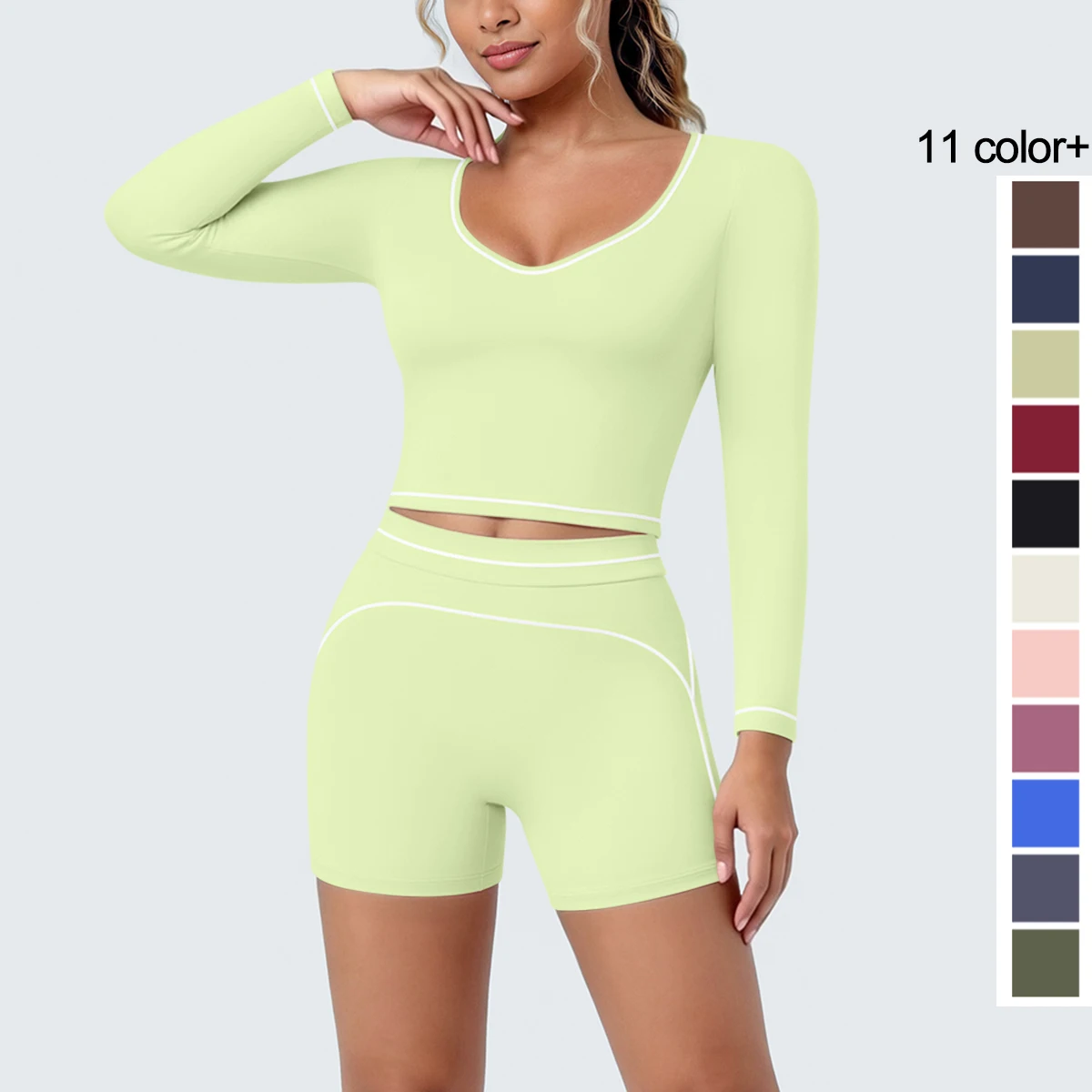 2PCS Yoga Set Gym Clothes Outdoor Sports Long Sleeves Women Stripe Color Blocking Running Suits Workout Fitness Shorts Yoga Set