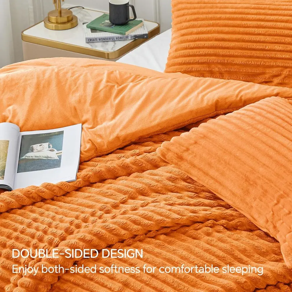 طقم سرير برتقالي محروق ودافئ فائق النعومة، لحاف شتوي ثقيل من القطيفة الفاخرة مع كيس وسادتين