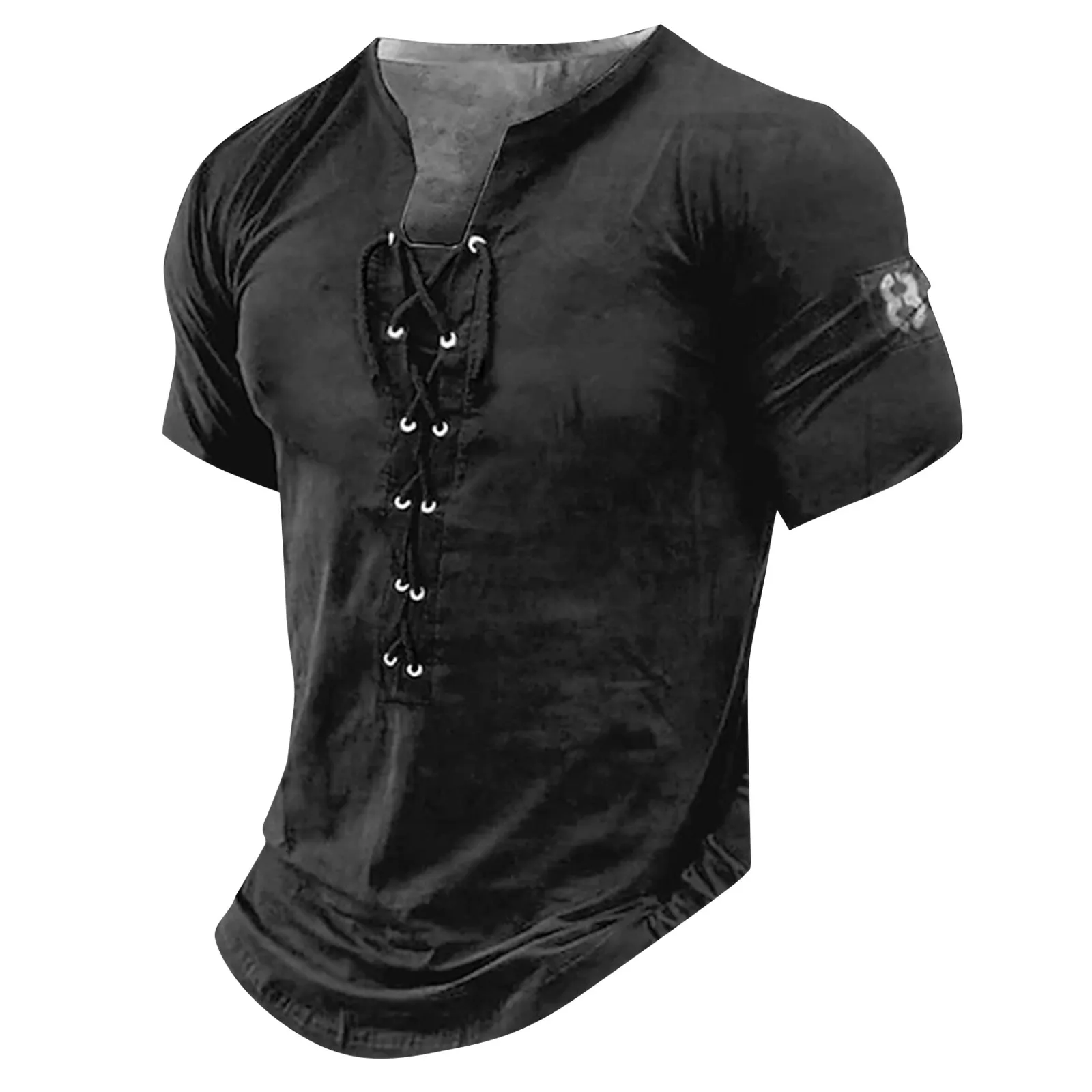 Men\'S Short Sleeve T-Shirt Graphic And Embroidered Fashion T-Shirt Spring And Summer American Retro Lace-Up Small V-Neck Tops