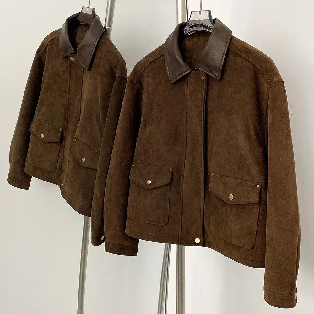 OFTBUY Giacca in pelle scamosciata artificiale femminile primavera autunno giacca in ecopelle moda donna corta PU cappotto in finta pelle tasche da donna