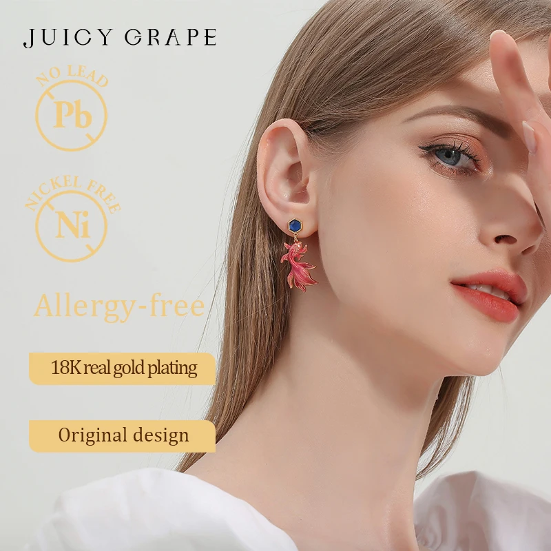 Juicy Grape Red Goldfish Earring for Women 925 Silver Pin Earring Handmade Enamel Goldfish Earring Original Design Special Gifts