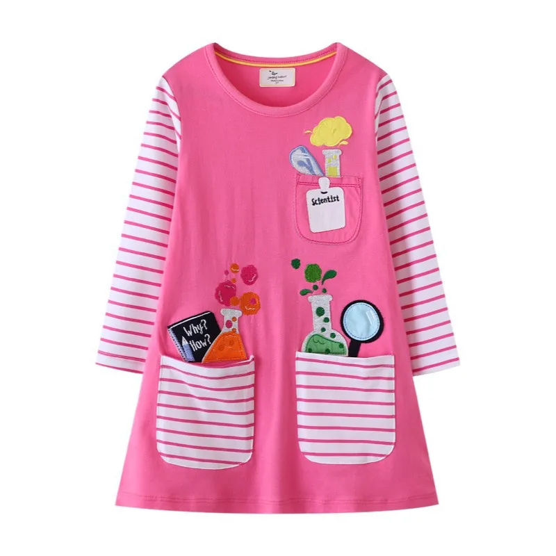 Jumping Meters New Arrival Children\'s Preppy Style Princess Girls Dresses Pockets Pen Embroidery Autumn Spring Long Sleeve Frock